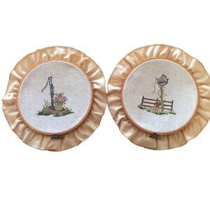 Vintage Completed‎ Needlepoint Lot Of 2 Floral Water pump On Wooden Hoop Frames